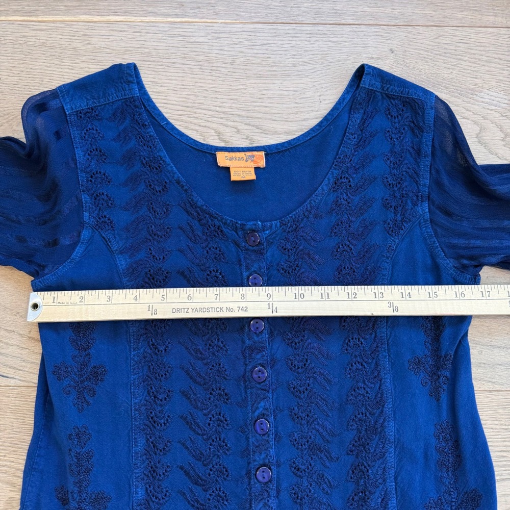 Sakkas Womens Boho Embroidered Bell Sleeve Button Down Blouse Navy Blue Medium - Picture 9 of 10